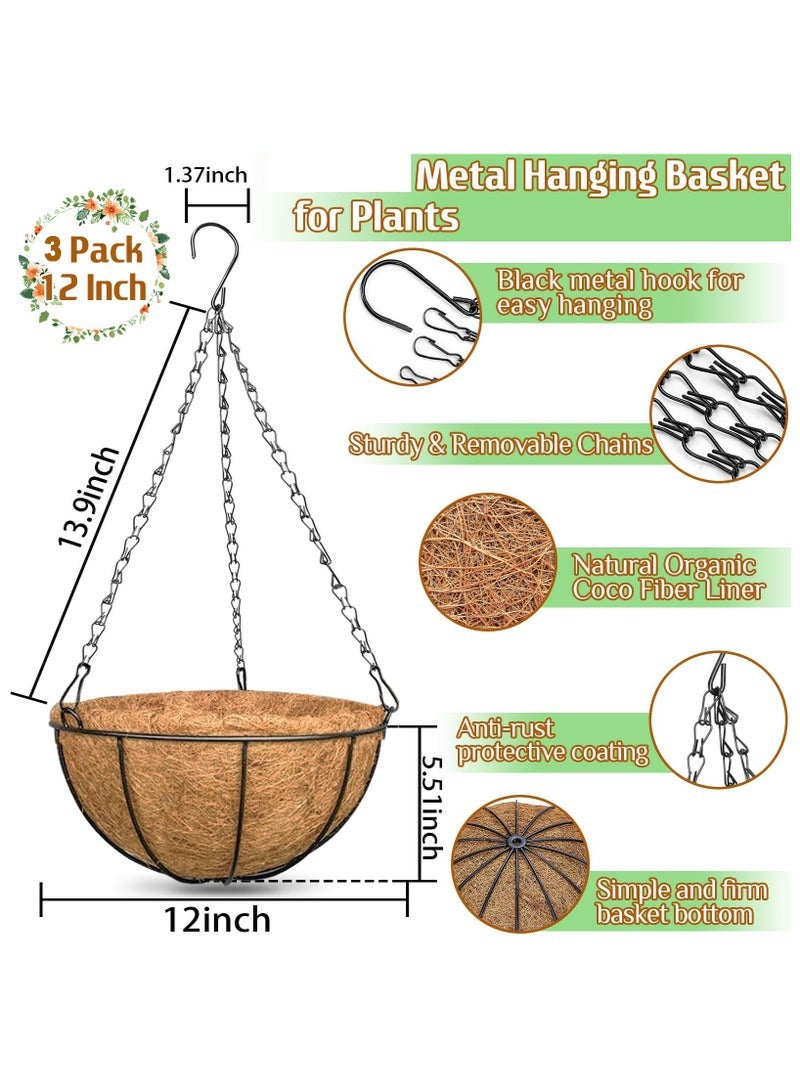 منزل الغابة مجموعة من 3 سلال معدنية معلقة للزراعة مقاس 12 بوصة مع بطانات من جوز الهند الطبيعي - أواني زهور معلقة للاستخدام الداخلي والخارجي للحديقة والشرفة والخضراوات والمزيد - Image 3
